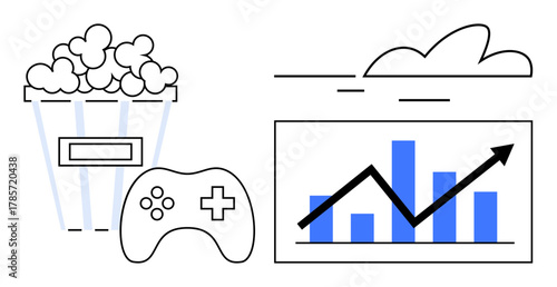 Popcorn bucket, gaming controller, cloud, upward trend graph with bars representing digital trends. Ideal for entertainment, gaming industry, growth analysis, success, leisure activities media