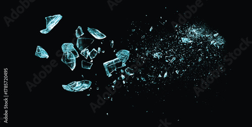 Ice particles. Broken glass on the black background. Isolated realistic cracked glass effect	