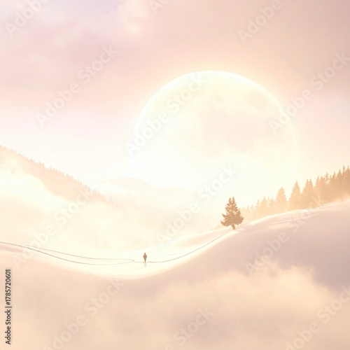 Dreamy landscape with figure beneath a huge sun/moon