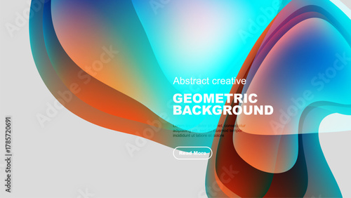 Abstract geometric background features flowing shapes, vibrant colors. Modern design with text overlay, button included.