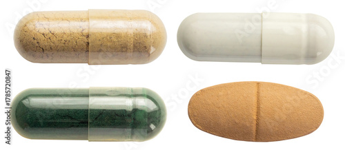 photograph of four distinct pharmaceutical products, including transparent capsules with herbal powder, opaque white medicine, and a beige vitamin tablet, isolated on black.