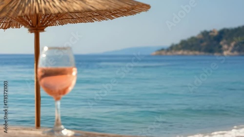 A glass of pink wine on a wooden table at the beach, under a straw umbrella, with the blue sea in the background.