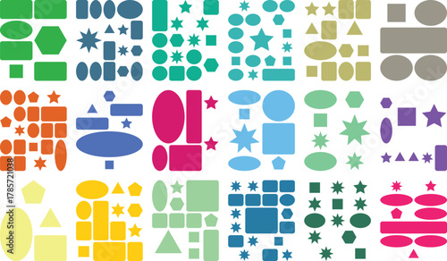 Colorful geometric shapes grid, various forms and hues for design elements