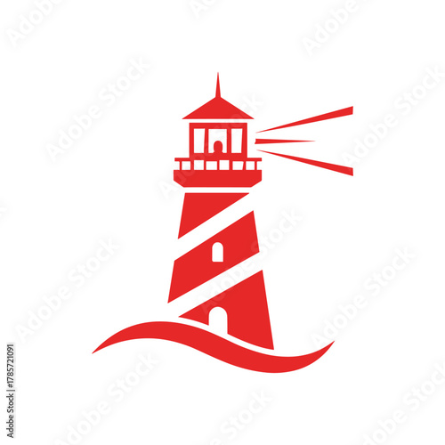 A stylized red lighthouse with white stripes emitting light beams, standing on a wave.