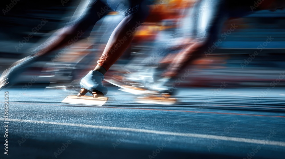 Fototapeta premium Fast pace of speed skaters competing on the rink during an evening event at the city sports arena