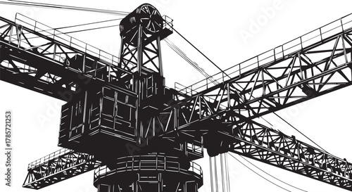 A detailed illustration showcases a construction crane, its intricate metal framework silhouetted against a stark white backdrop, emphasizing its industrial design.
