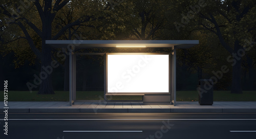 A glowing blank billboard at an empty bus stop shelter on a dark city street at night