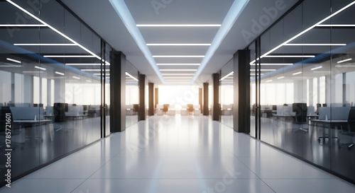 현대적인 사무실 공간, 깨끗한 미니멀리즘 인테리어와 밝은 자연광이 어우러진 장면