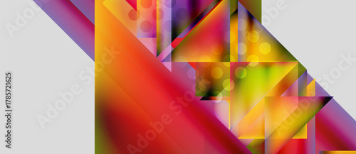 Abstract composition featuring vibrant triangles, circles, gradients. Colors blend, creating dynamic visual experience. Modern design elements present.