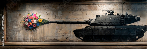Close-up of a stencil mural of a black armored tank shooting out a colorful bouquet of flowers, symbolizing peace, hope, and the end of war through street art expression. Generative Ai.