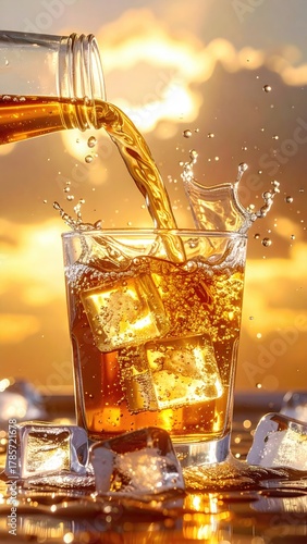 Drink pours into glass with ice; sunset backdrop