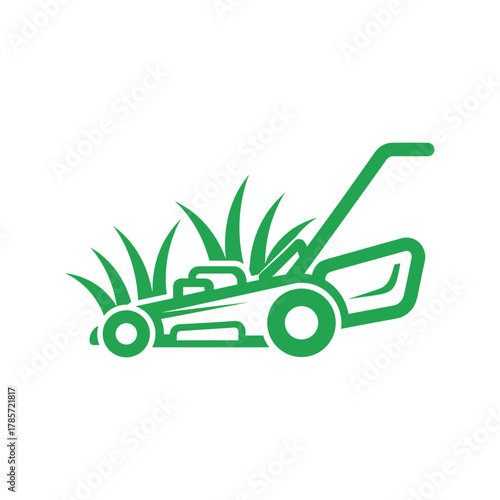 Green lawnmower icon cutting grass, representing landscaping, gardening, and yard maintenance services.