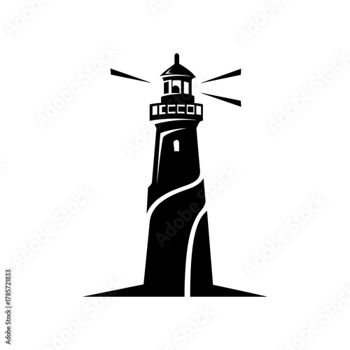 Monochrome illustration of a tall lighthouse with light beams.