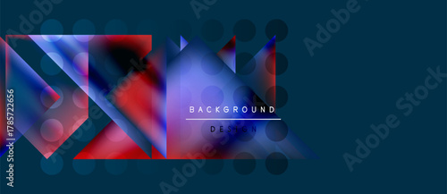 Abstract geometric shapes, vibrant colors, dark blue background. Modern design elements create dynamic visual effect.