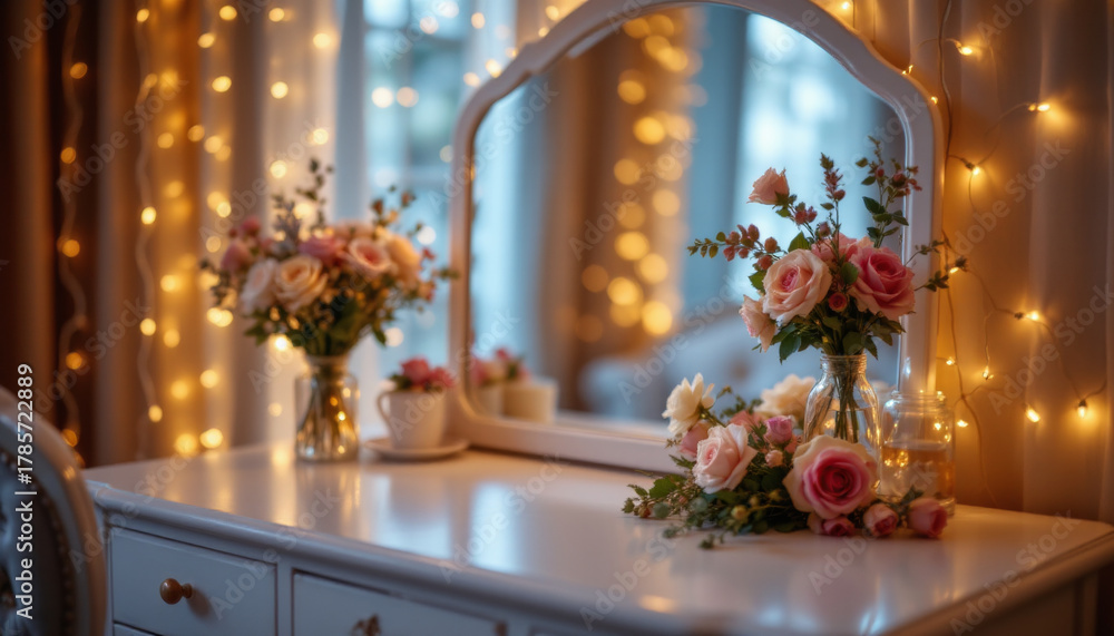 Fototapeta premium Romantic floral arrangement with soft lighting on white vanity table creating warm ambiance