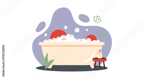 Relaxing illustration of a bathtub filled with bubbles and two red objects, with a candle and plant, promoting tranquility.