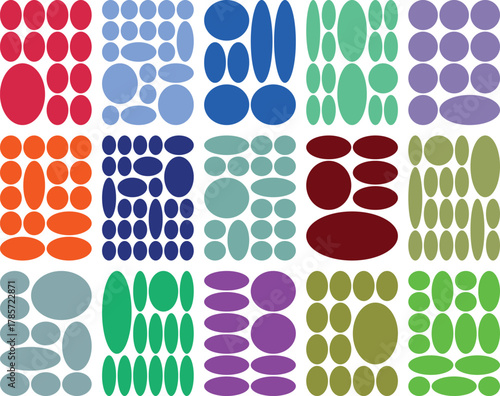 Colorful geometric shapes pattern in a grid of varied ellipses and circles.