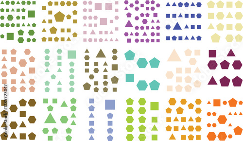 Abstract grid of diverse colorful geometric shapes: triangles, squares.