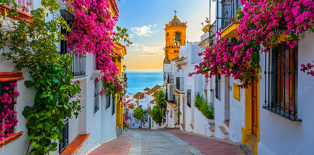Obraz premium Beautiful Estepona townscape in Malaga, Spain with colorful streets, traditional Spanish houses, and panoramic views of the turquoise Mediterranean coastline