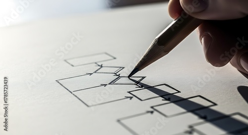 연필로 그린 흐름도, 밝은 조명 아래 계획을 시각적으로 표현하다