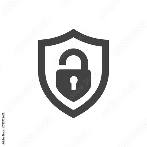 A simple monochrome icon of a shield with an unlocked padlock, symbolizing vulnerability and a security breach.