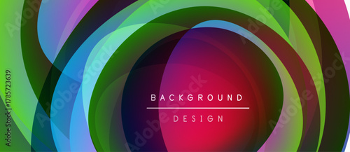 Abstract colorful layers create dynamic tunnel effect. Text reads background design centered within swirling shapes. Vivid gradients dominate composition.