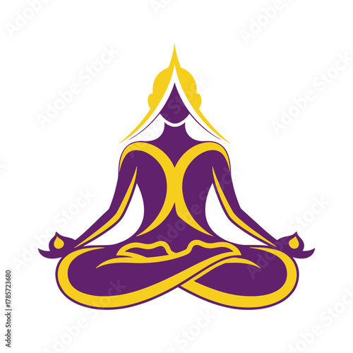 Purple and gold yoga pose illustration on a white background.