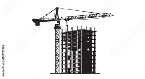 A construction crane lifts materials to build a high-rise building, symbolizing progress and urban development against a white background.
