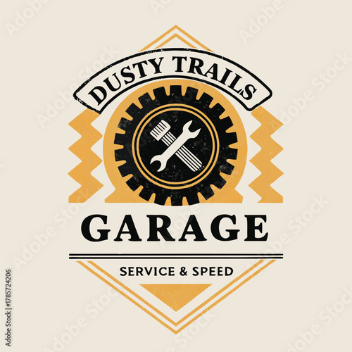Dusty Trails Garage Logo: Vintage Auto Service Emblem With Gear, Wrench, and Hammer