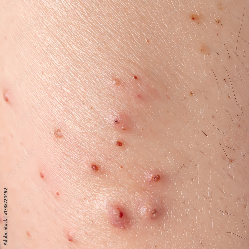Fototapeta premium Close up of human skin with visible blemishes pimples and imperfections