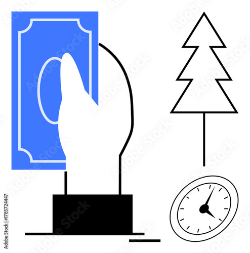 Hand presenting money near a pine tree symbol and clock face. Ideal for finance, holidays, budgeting, time management, sustainability, retail, and giving back simple flat metaphor