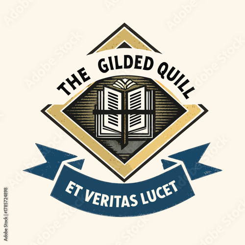 The Gilded Quill Logo Emblem With Open Book Crest And Latin Motto Et Veritas Lucet