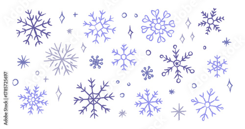 Beautiful snowflake designs in various shapes and shades of blue and purple create a serene winter pattern