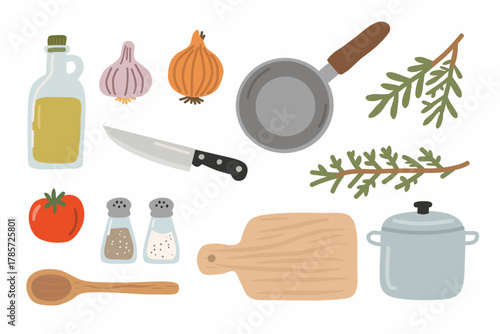 Cooking Utensils and Ingredients in Flat Cartoon Style for Kitchen Design
