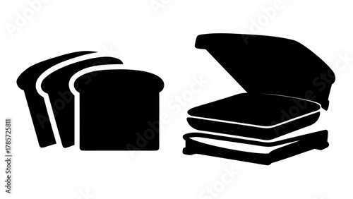Illustration of slices of bread next to a sandwich maker with a sandwich inside it in black and white silhouette