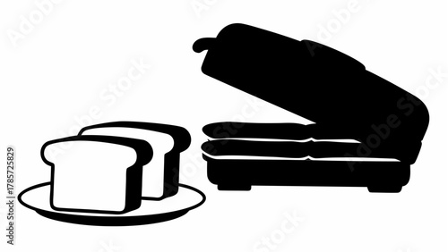 Illustration of two slices of bread on a plate next to an open panini press in black and white color silhouette