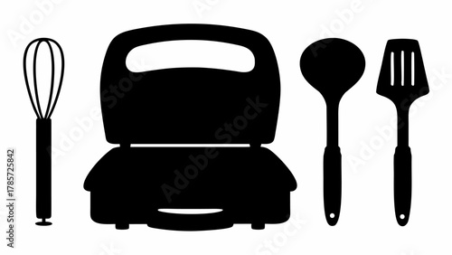 Silhouette of kitchen appliances including a whisk, waffle maker, ladle, and slotted spatula tools