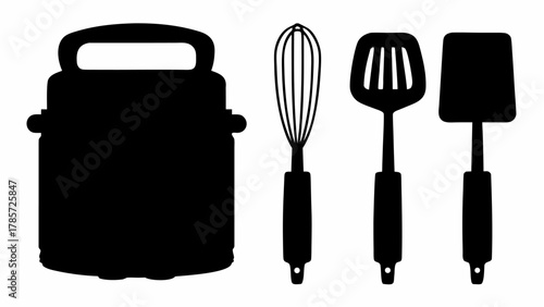 Silhouette of an instant pot next to a whisk and two spatulas in black and white kitchen utensils