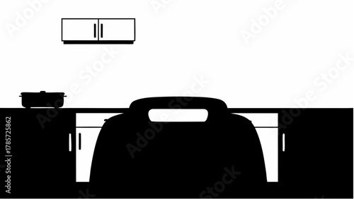 A view of a kitchen interior with cabinets, a pot on the counter, and a chair in black and white style silhouette