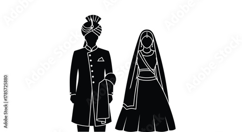 Elegant Indian couple in traditional wedding attire, stunning black design