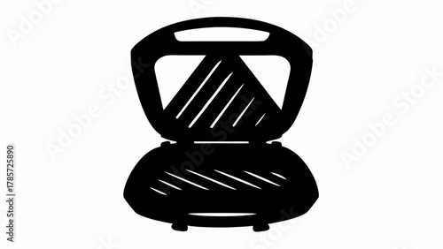 Illustration of an open sandwich press with diagonal lines on the top and bottom cooking surfaces design silhouette