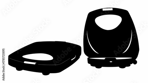 Illustration of a black waffle maker in an open position and a closed position on a white background design silhouette