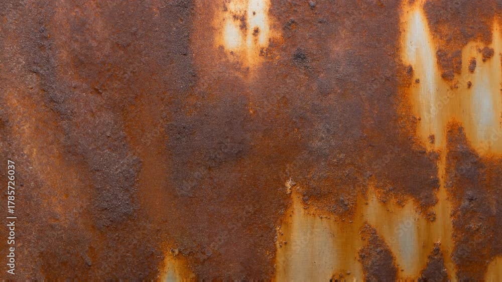 Full frame texture of heavily oxidized metal surface displaying deep brown and bright orange rust patches.