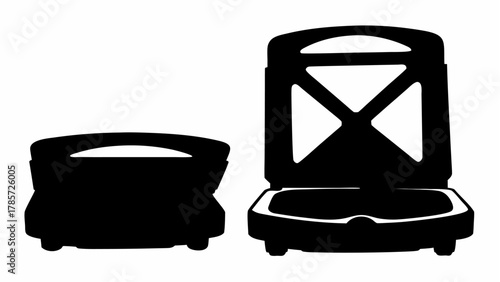 Silhouette illustration of closed and open sandwich press on a white background in black and white style