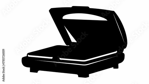 Silhouette illustration of an open panini press with a handle and visible cooking plates design element