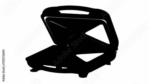 An open sandwich press with triangular grill plates in a black silhouette on a white background view