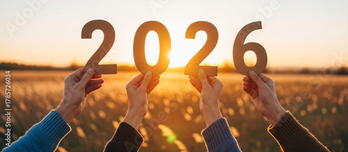 Wallpaper Mural Group of diverse people holding up large 2026 numbers together at sunset in a field, perfect for New Year campaigns, teamwork friends motivation visuals or business celebration and growth concepts Torontodigital.ca