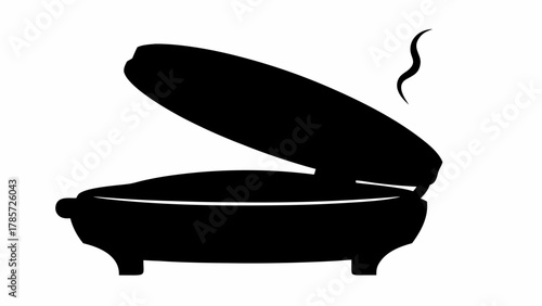 Black silhouette of a roasting pan with an open lid and steam rising from the contents inside it