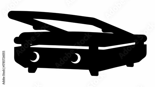 Silhouette of an open panini press with a rectangular base and a hinged top, kitchen appliance design