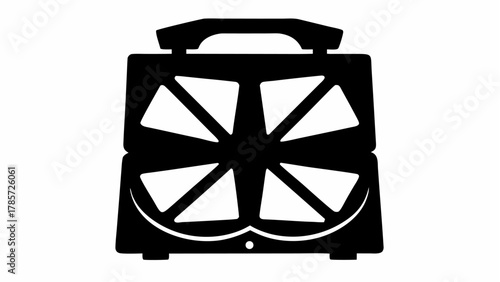 Black and white image of an open sandwich maker with triangular sections and a handle on top design silhouette
